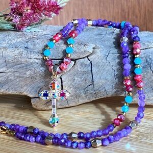 Purple Chalcedony with Austrian Crystals Christian Cross Necklace